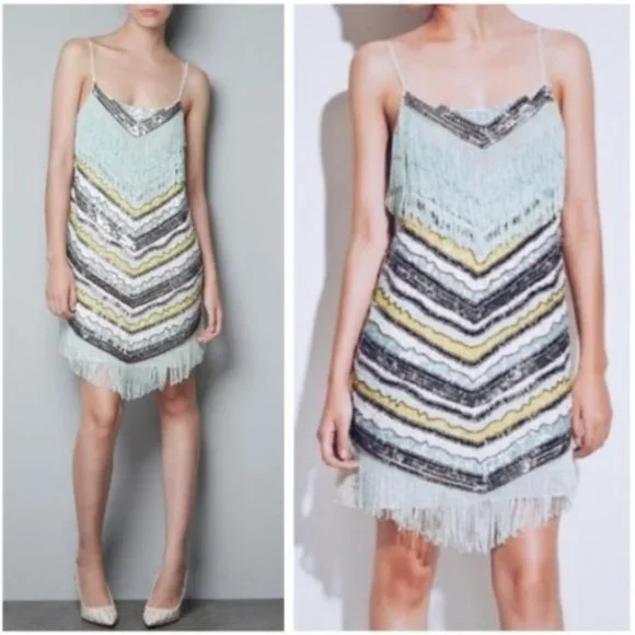 Zara | Dresses | Zara Mint Pearl Sequin Beaded Flapper Dress